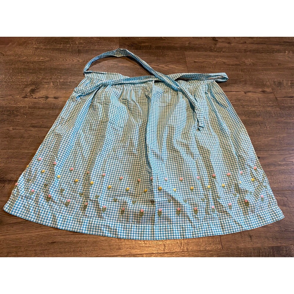 Vintage Handmade Apron Bib Embroidery Homemade Check Floral Easter Spring Cook